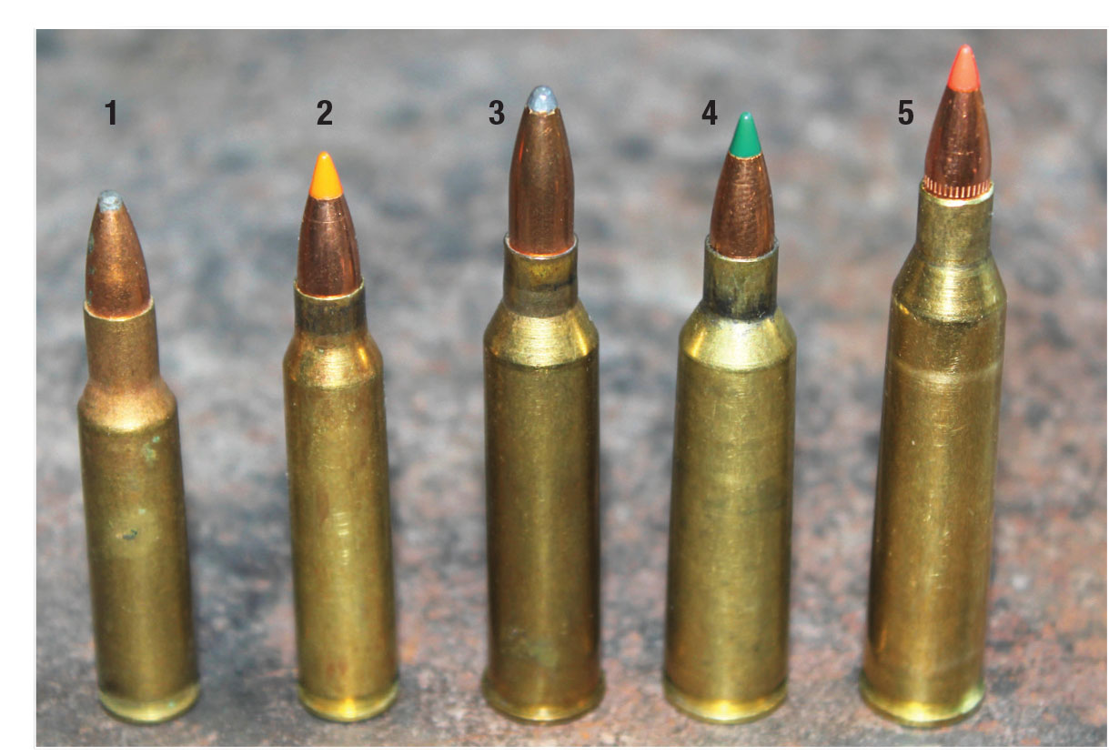 The .220 Swift is still the largest of the .22-caliber cartridges. This lineup includes the (1) .222 Remington, (2) .223 Remington, (3) .225 Winchester, (4) .22-250 Remington and the (5) .220 Swift.